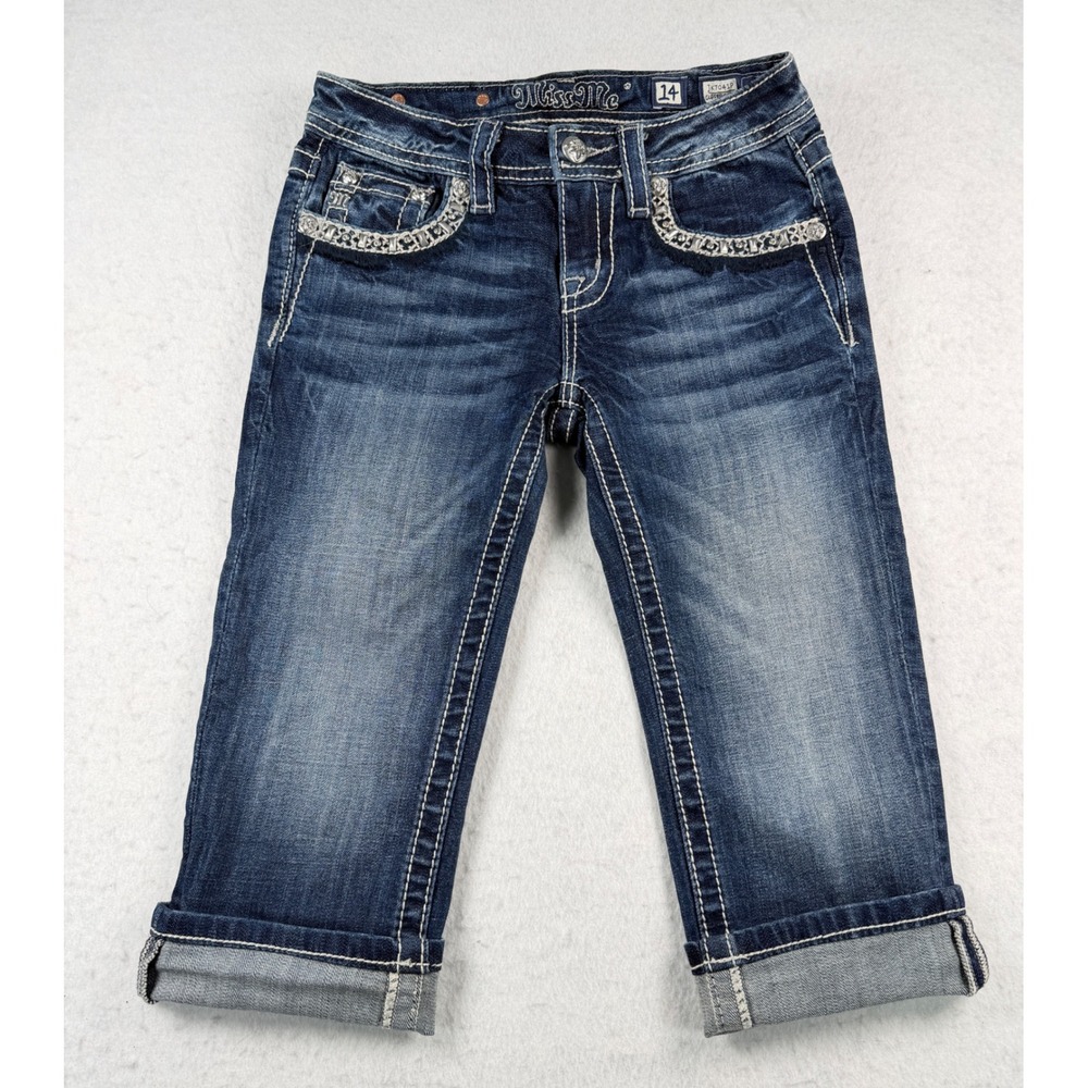 Miss Me Girls Size 14 Embellished Cropped Capri Jeans Dark Wash JK7041P